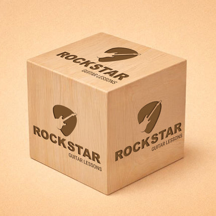 Wooden box with 'Rockstar Guitar Lessons' branding on a beige background