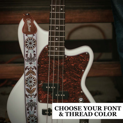 Custom White Woven Vintage Design Guitar Strap W/FREE BONUS- 2 Picks + Strap Locks + Strap Button