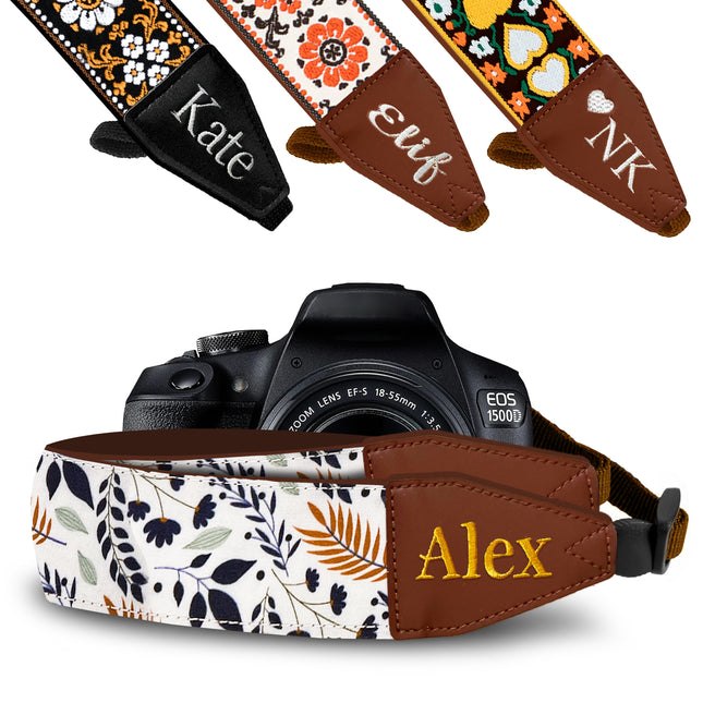 Personalized Embroidered White Leaves Camera Strap - Camera Strap for SLR/ DSLR