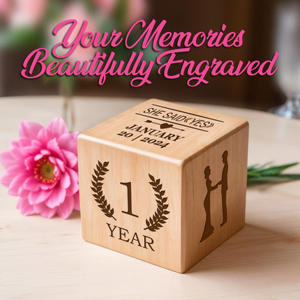 Anniversary Block, Engraved Wedding Day Wooden Block - Engraved Wood Name Block