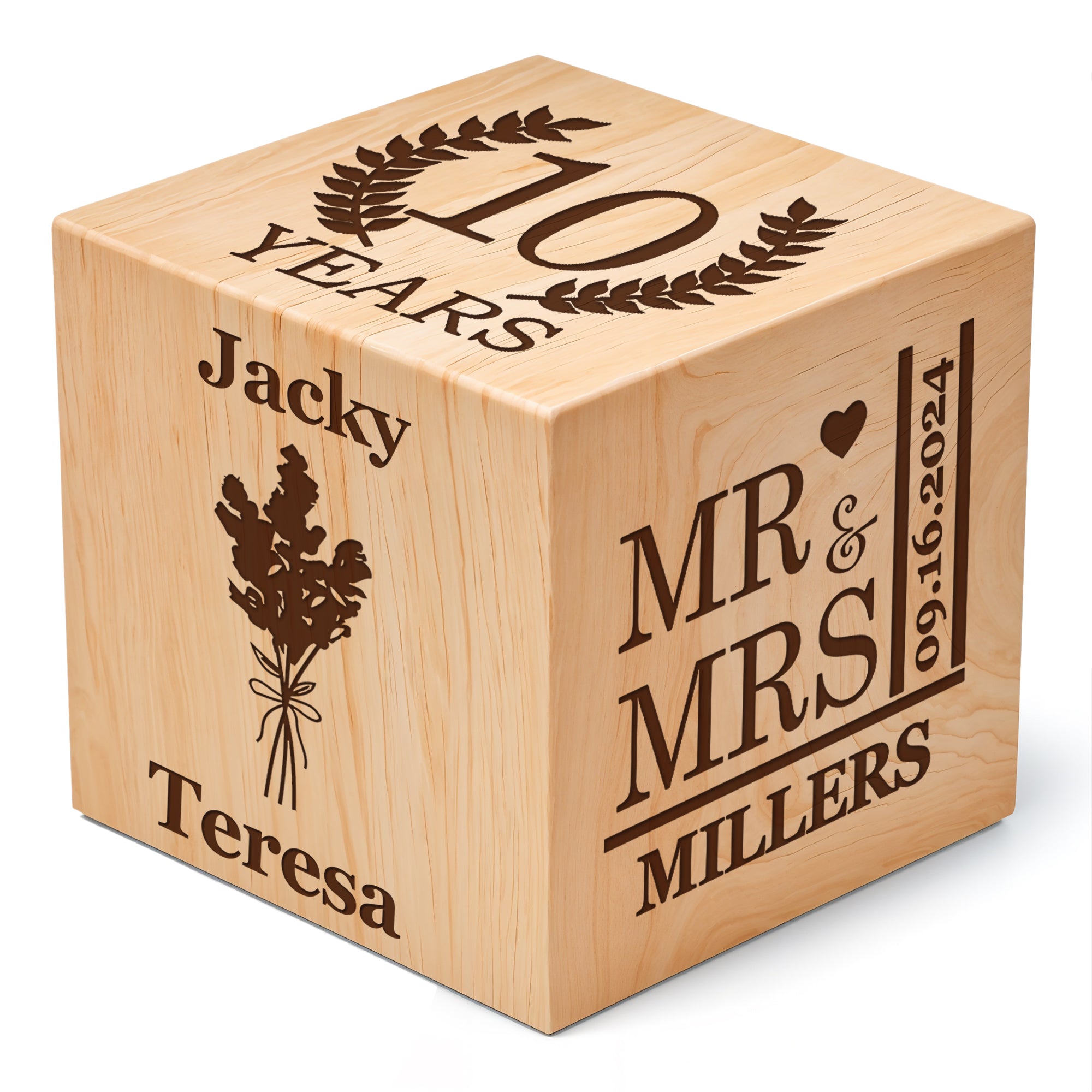 Anniversary Block, Engraved Wedding Day Wooden Block - Engraved Wood Name Block
