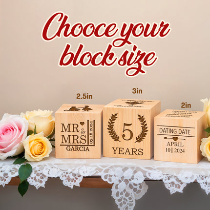 Anniversary Block, Engraved Wedding Day Wooden Block - Engraved Wood Name Block