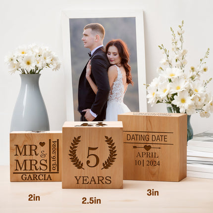 Anniversary Block, Engraved Wedding Day Wooden Block - Engraved Wood Name Block