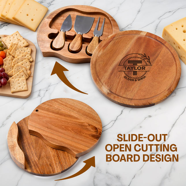 Engraved Round Cheese Board with Cheese Tool Set