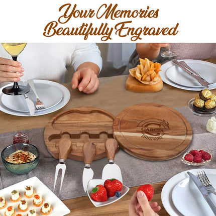 Engraved Round Cheese Board with Cheese Tool Set