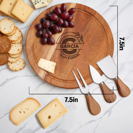 Engraved Round Cheese Board with Cheese Tool Set