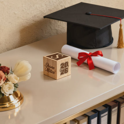 Engraved Wooden Cube for Graduation – Personalized Name & Date Keepsake