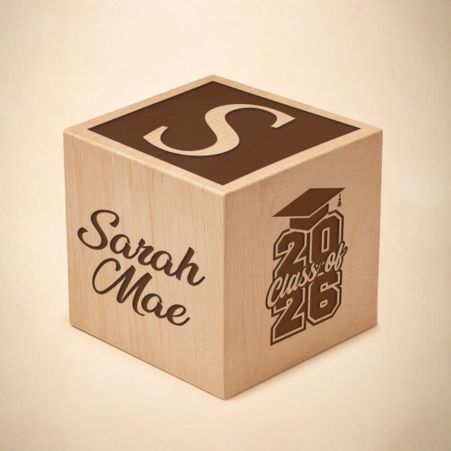 Engraved Wooden Cube for Graduation – Personalized Name & Date Keepsake
