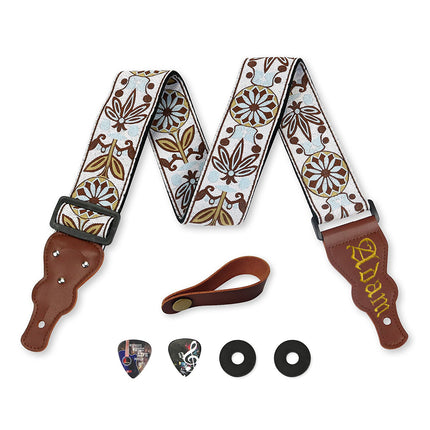 Custom White Woven Vintage Design Guitar Strap W/FREE BONUS- 2 Picks + Strap Locks + Strap Button
