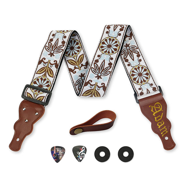 Custom White Woven Vintage Design Guitar Strap W/FREE BONUS- 2 Picks + Strap Locks + Strap Button