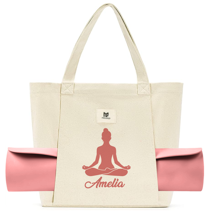 A beige yoga mat bag with a custom logo and the name 'Amelia' printed on the front. The bag has shoulder straps and appears to have a zipper pocket on the side.