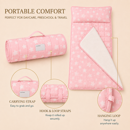 Personalized Toddler Nap Mat with Embroidered Name, Nap Mat with Pillow & Blanket, 100% Cotton