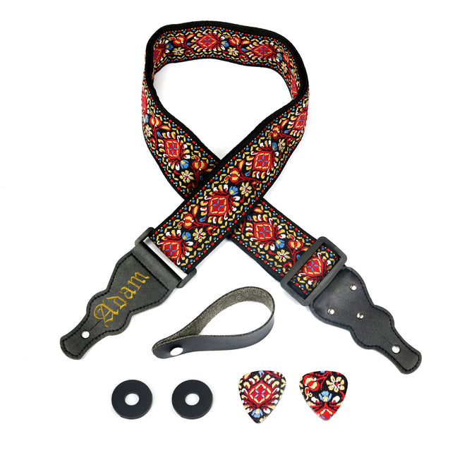 Custom Red Vintage Woven Guitar Strap W/FREE BONUS- 2 Picks + Strap Locks + Strap Button