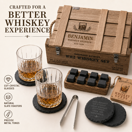 Personalized Whiskey Box Set – Engraved Name Bourbon Gift with Crystal Glasses