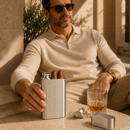 Custom Engraved Cigar Case  Personalized Stainless Steel Travel Set with Flask