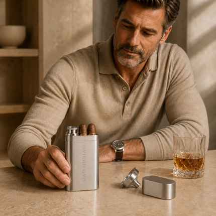 Custom Engraved Cigar Case  Personalized Stainless Steel Travel Set with Flask