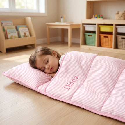 Personalized Toddler Nap Mat with Embroidered Name, Nap Mat with Pillow & Blanket, 100% Cotton