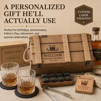 Personalized Whiskey Box Set – Engraved Name Bourbon Gift with Crystal Glasses
