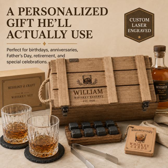 Personalized Whiskey Box Set – Engraved Name Bourbon Gift with Crystal Glasses
