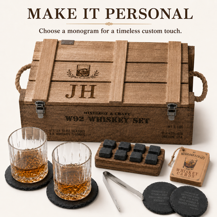 Personalized Whiskey Box Set – Engraved Name Bourbon Gift with Crystal Glasses