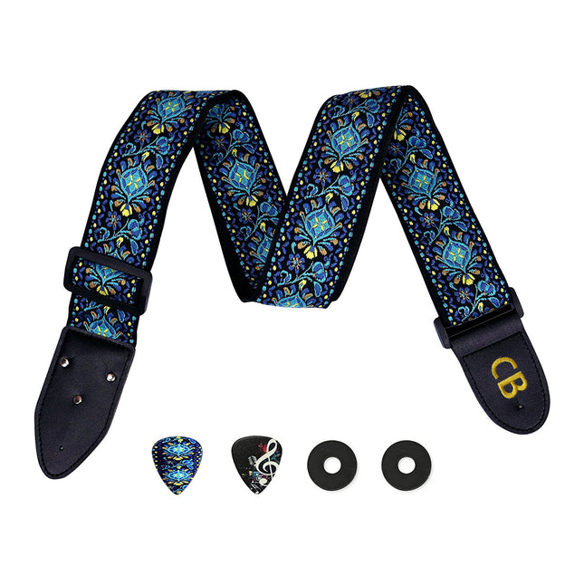 Custom Blue Woven Vintage Design Guitar Strap W/FREE BONUS- 2 Picks + Strap Locks + Strap Button