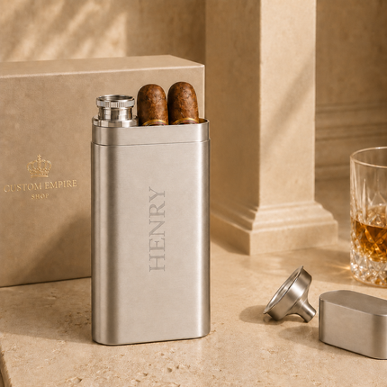Custom Engraved Cigar Case – Personalized Stainless Steel Travel Set with Flask