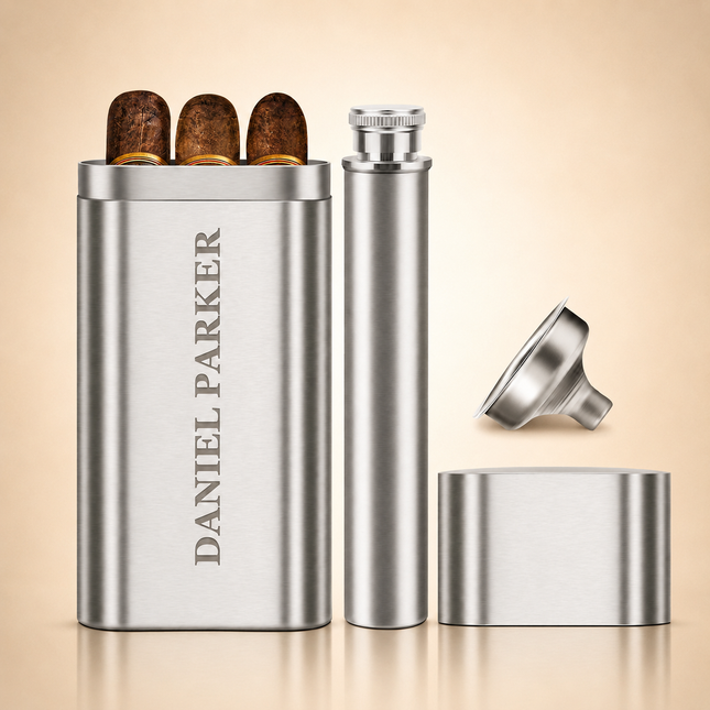 Custom Engraved Cigar Case – Personalized Stainless Steel Travel Set with Flask
