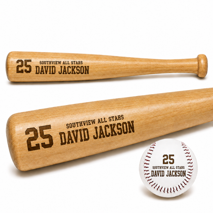 Custom Engraved Baseball Bat and Ball Set with Custom Name - Team & Number