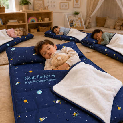Personalized Toddler Nap Mat with Embroidered Name, Nap Mat with Pillow & Blanket, 100% Cotton
