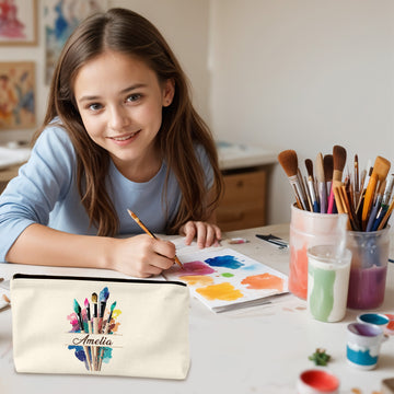 Personalized Paint Brush Pouch Holder for Kids Artists, Customized Canvas Paint Brush Pouch with Name - Cream