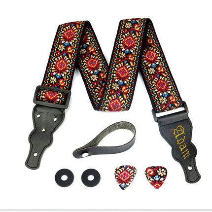 Custom Red Vintage Woven Guitar Strap W/FREE BONUS- 2 Picks + Strap Locks + Strap Button