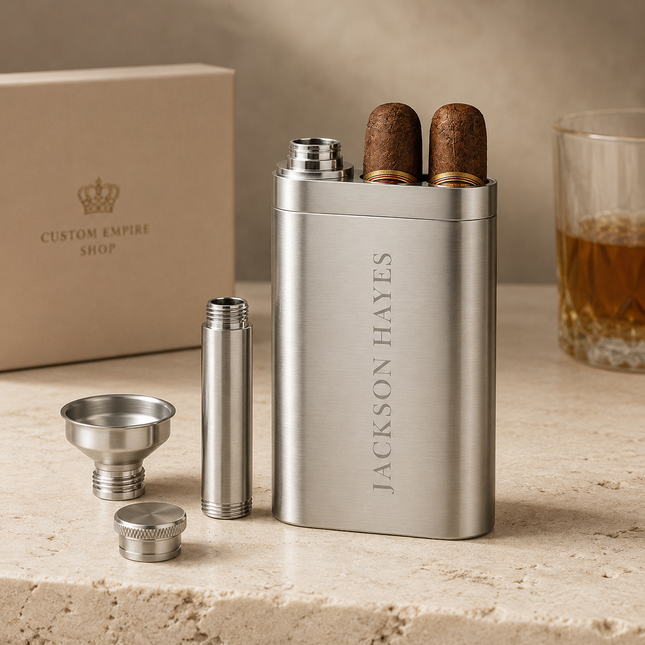 Custom Engraved Cigar Case  Personalized Stainless Steel Travel Set with Flask